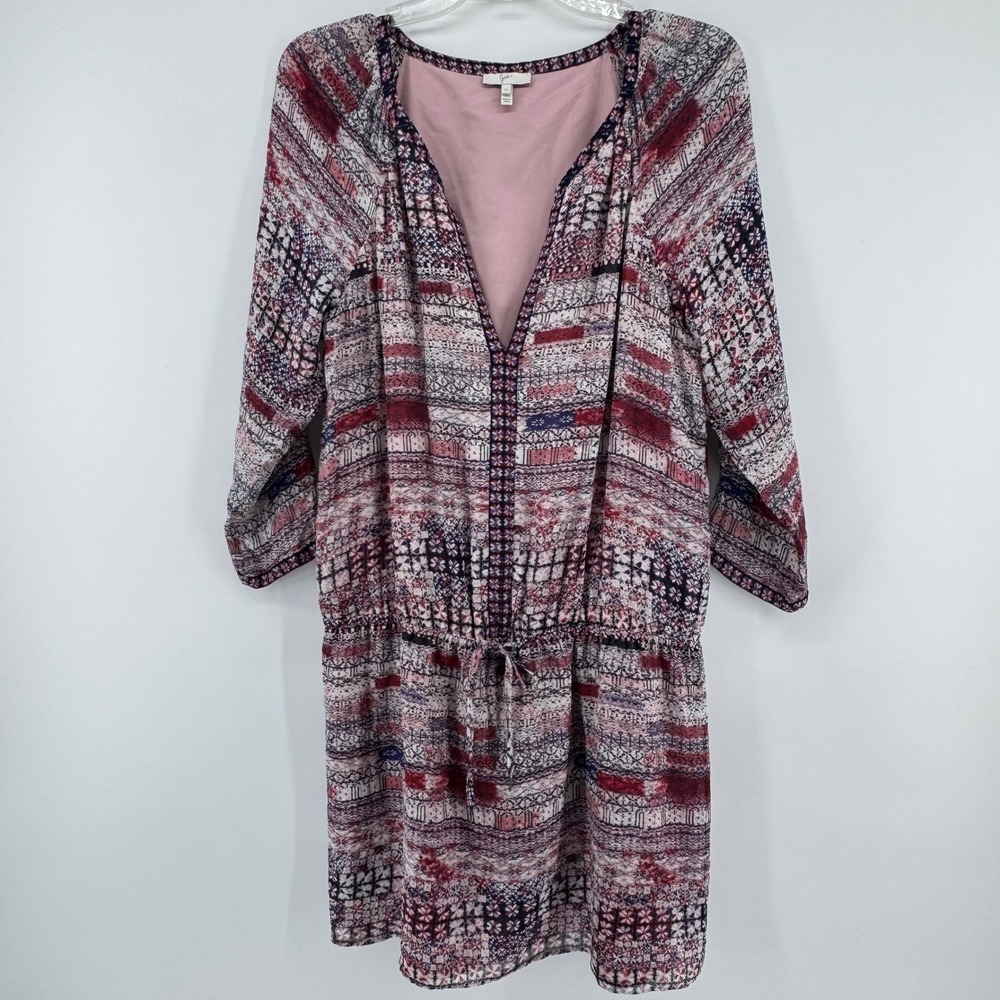 Joie Silk Blend Printed V-Neck Mini Dress Womens Size M Pink Red Navy Boho
